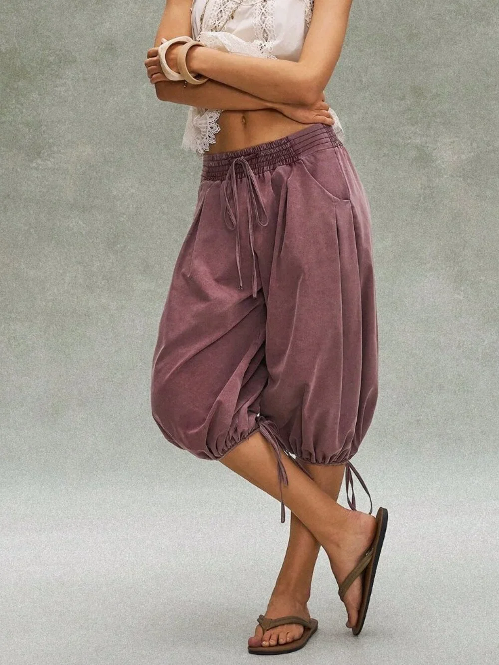 Purple Casual Boho Women's Cargo Pants with Waist Drawstring